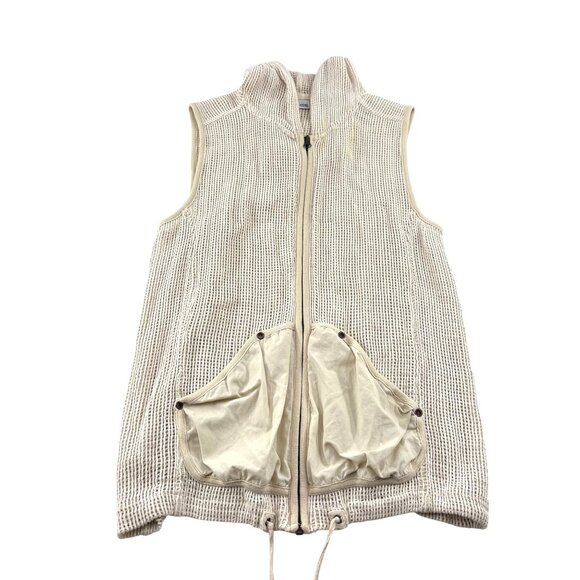 Chicos Beige Open Knit Hooded Vest Pockets & Drawstring Chico's sz 1 US Small - Picture 1 of 4